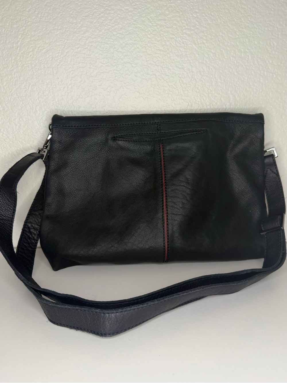 Hammitt Black Leather Messenger Bag with Red Accent Stitch